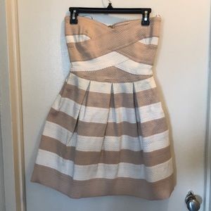 BCBG fit and flare dress in white and cream.